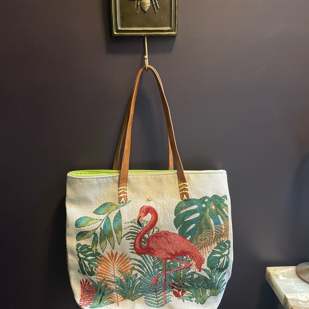 Tropical Flamingo Embroidered Tote Bag